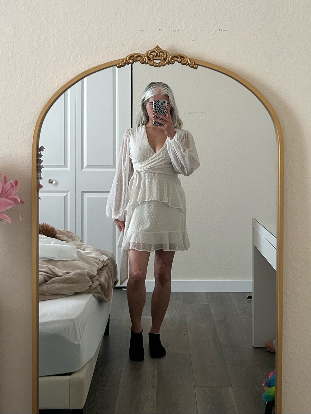 Altar'd State Cream Swiss Dot Wrap Mini Dress
